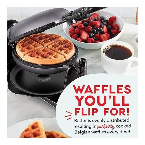  DASH Flip Belgian Waffle Maker - 1” Thick Waffle Mold, Nonstick Waffle Iron with Quick Heat-Up, PTFE Surface - Rotating Belgian Waffle Maker for Kids and Families, Just Add Batter (Black)