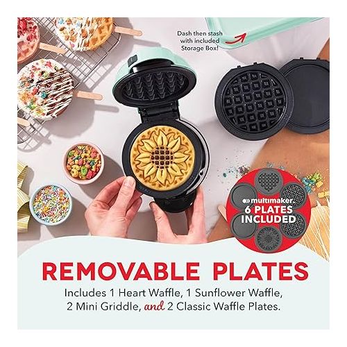  DASH Multimaker Mini System - Waffle Maker with Six 4” Removable Plates: Waffle Iron & Griddle, 4-in-1 Mini Waffle Maker for Kids and Families - PTFE Nonstick Surface, Just Add Batter (Aqua)