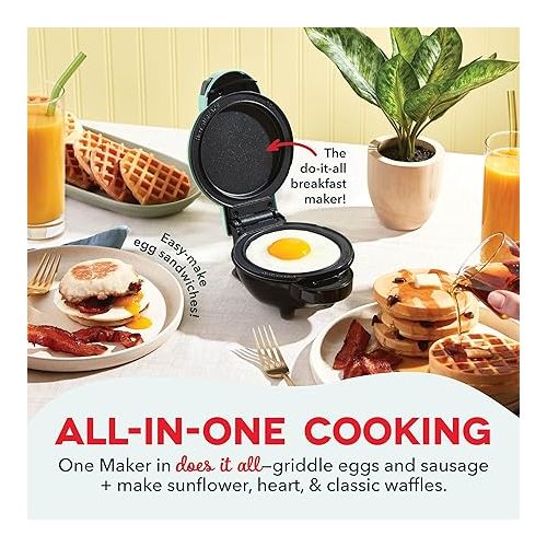  DASH Multimaker Mini System - Waffle Maker with Six 4” Removable Plates: Waffle Iron & Griddle, 4-in-1 Mini Waffle Maker for Kids and Families - PTFE Nonstick Surface, Just Add Batter (Aqua)