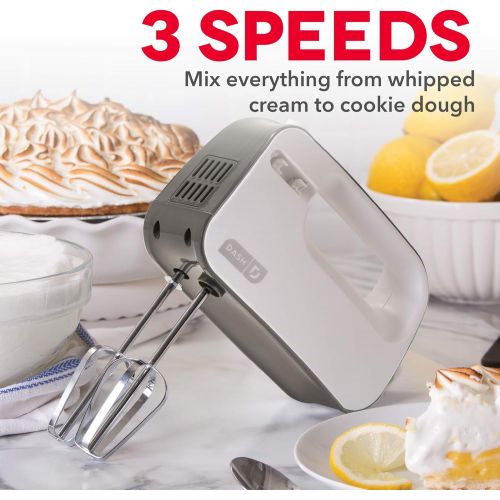  Dash Smart Store Compact Hand Mixer Electric for Whipping + Mixing Cookies, Brownies, Cakes, Dough, Batters, Meringues & More, 3 Speed, Grey