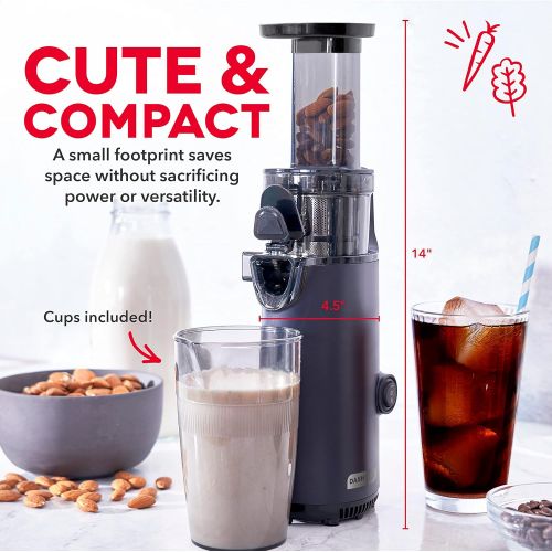  DASH Deluxe Compact Masticating Slow Juicer, Easy to Clean Cold Press Juicer with Brush, Pulp Measuring Cup, Frozen Attachment and Juice Recipe Guide - Black