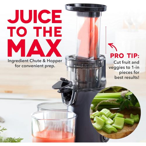  DASH Deluxe Compact Masticating Slow Juicer, Easy to Clean Cold Press Juicer with Brush, Pulp Measuring Cup, Frozen Attachment and Juice Recipe Guide - Black