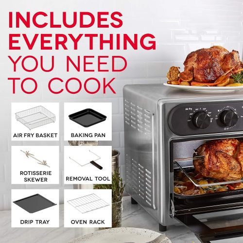  Dash Chef Series 7 in 1 Convection Toaster Oven Cooker, Rotisserie + Electric Air Fryer with Non-stick Fry Basket, Baking Pan & Rack, Skewers, Drip Tray & Recipe Book, 23L, Stainle