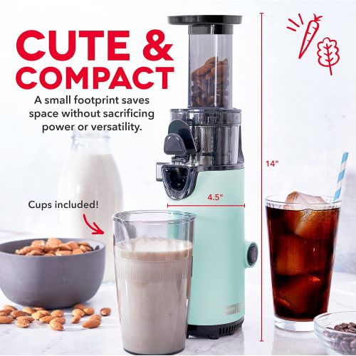  [아마존베스트]Dash DCSJ255 Deluxe Compact Power Slow Masticating Extractor Easy to Clean Cold Press Juicer with Brush, Pulp Measuring Cup, Frozen Attachment and Juice Recipe Guide, Aqua