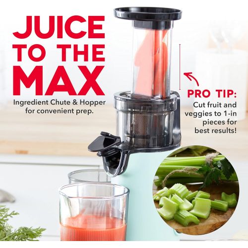  [아마존베스트]Dash DCSJ255 Deluxe Compact Power Slow Masticating Extractor Easy to Clean Cold Press Juicer with Brush, Pulp Measuring Cup, Frozen Attachment and Juice Recipe Guide, Aqua