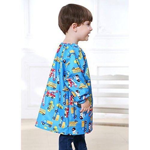  [아마존베스트]DAWNTUNG Children Waterproof Artist Painting Aprons with Pocket Long Sleeve with Cute Car Printing Kids Thin...