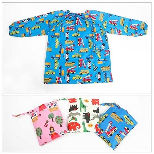  [아마존베스트]DAWNTUNG Children Waterproof Artist Painting Aprons with Pocket Long Sleeve with Cute Car Printing Kids Thin...