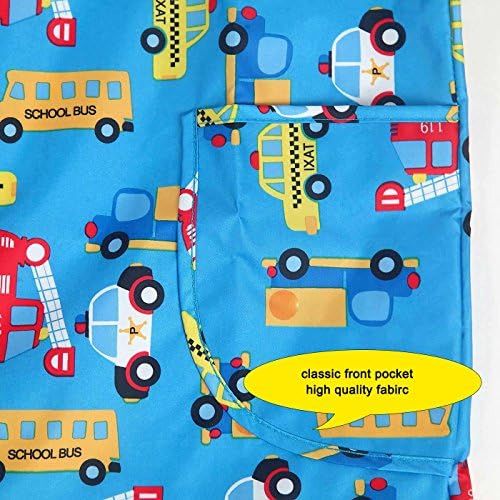  [아마존베스트]DAWNTUNG Children Waterproof Artist Painting Aprons with Pocket Long Sleeve with Cute Car Printing Kids Thin...