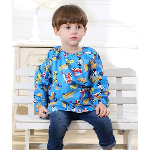  [아마존베스트]DAWNTUNG Children Waterproof Artist Painting Aprons with Pocket Long Sleeve with Cute Car Printing Kids Thin...