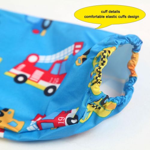  [아마존베스트]DAWNTUNG Children Waterproof Artist Painting Aprons with Pocket Long Sleeve with Cute Car Printing Kids Thin...