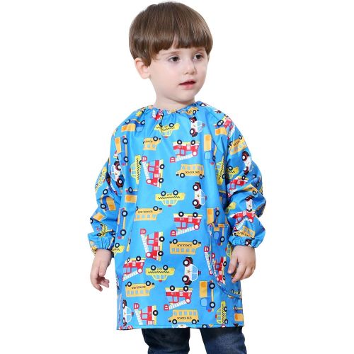  [아마존베스트]DAWNTUNG Children Waterproof Artist Painting Aprons with Pocket Long Sleeve with Cute Car Printing Kids Thin...