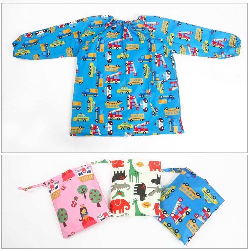  [아마존베스트]DAWNTUNG Children Waterproof Artist Painting Aprons with Pocket Long Sleeve with Cute Car Printing Kids Thin...