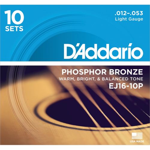  DAddario EJ16-10P Phosphor Bronze Acoustic Guitar Strings, Light, 10 Sets