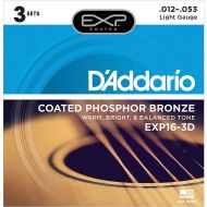 DAddario EXP16-3D Coated Phosphor Bronze Acoustic Guitar Strings, Light, 12-53, 3 Sets