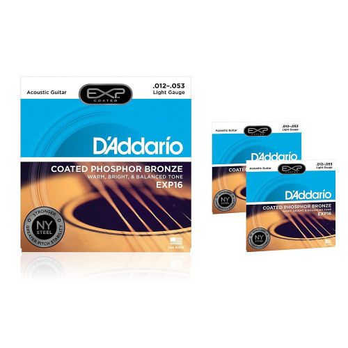  DAddario EXP16 Coated Phosphor Bronze Light Acoustic Guitar Strings 3-Pack
