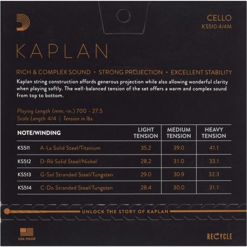  DAddario Kaplan Cello String Set, 4/4 Scale, Medium Tension