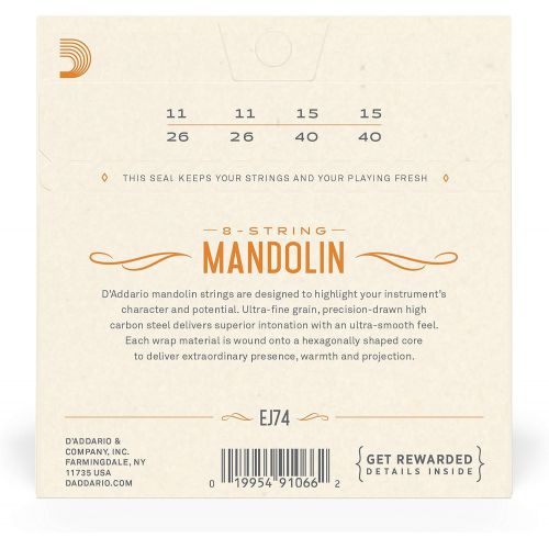  DAddario EJ74 Phosphor Bronze Mandolin Strings, Medium, 11-40