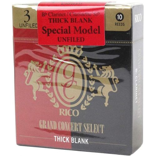  D'Addario Woodwinds Rico Grand Concert Select Thick Blank Bb Clarinet Reeds, Unfiled, Strength 3.0, 10-pack