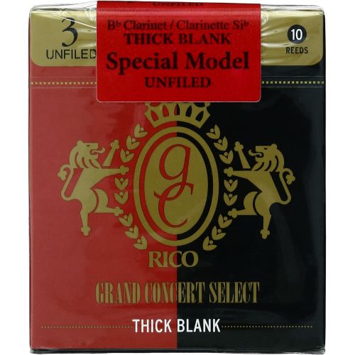  D'Addario Woodwinds Rico Grand Concert Select Thick Blank Bb Clarinet Reeds, Unfiled, Strength 3.0, 10-pack