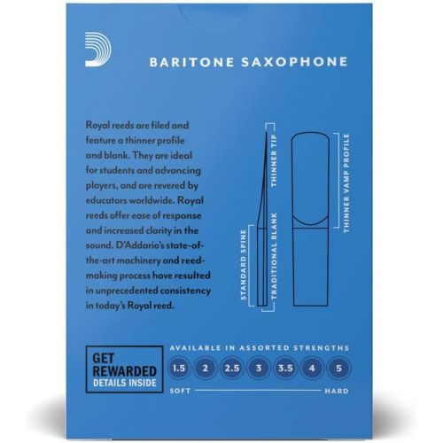  D'Addario Woodwinds Royal Baritone Sax Reeds, Strength 2.0, 10-pack