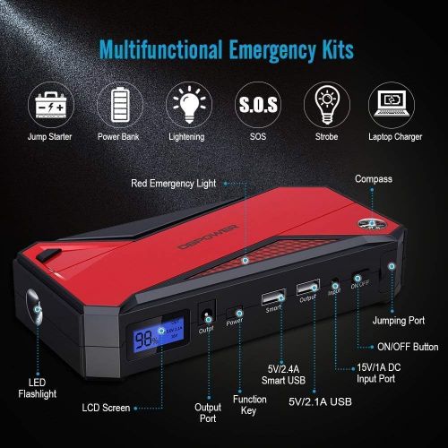  [아마존 핫딜]  [아마존핫딜]DBPOWER 600A Peak 18000mAh Portable Car Jump Starter (up to 6.5L Gas/5.2L Diesel Engine) Portable Battery Booster with Smart Charging Port, Compass, LCD Screen & LED Flashlight (Re