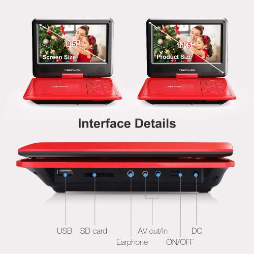  [아마존 핫딜]  [아마존핫딜]DBPOWER 9.5-Inch Portable DVD Player with Rechargeable Battery, SD Card Slot and USB Port - Red