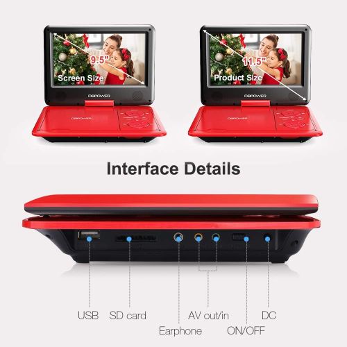  [아마존베스트]DBPOWER 9.5-Inch Portable DVD Player with Rechargeable Battery, SD Card Slot and USB Port - Red