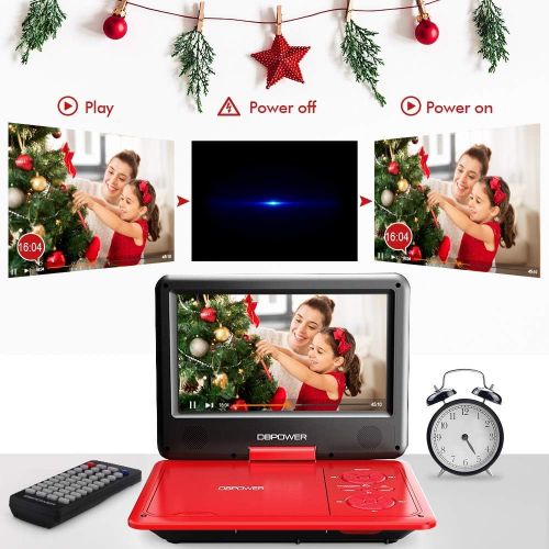  [아마존베스트]DBPOWER 9.5-Inch Portable DVD Player with Rechargeable Battery, SD Card Slot and USB Port - Red