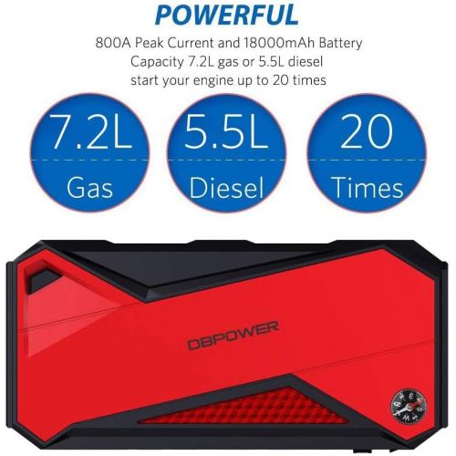  DBPOWER 600A 18000mAh Portable Car Jump Starter (up to 6.5L Gas, 5.2L Diesel Engine) Battery Booster and Phone Charger with Smart Charging Port (Black/Red)