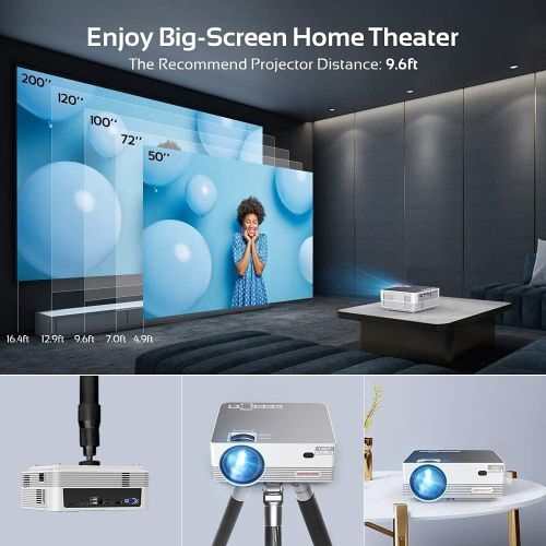  Native 1080P WiFi Bluetooth Projector, DBPOWER 8000L Full HD Outdoor Movie Projector Support iOS/Android Sync Screen&Zoom, Home Theater Video Projector Compatible w/PC/DVD/TV/Carry