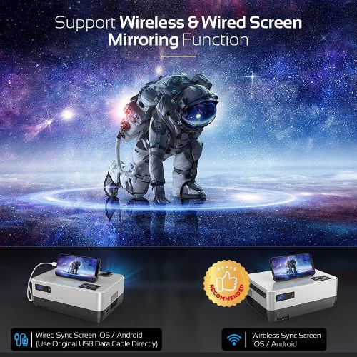  DBPOWER WiFi Projector, Upgrade 8500L Full HD 1080p Video Projector with Carry Case, Support iOS/Android Sync Screen, Zoom&Sleep Timer, 4.3” LCD Home Movie Projector Compatible w/S