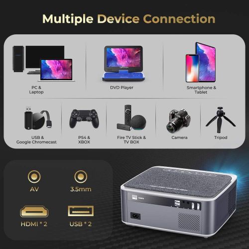  DBPOWER Native 1080P WiFi Projector, Upgrade 9500L Full HD Outdoor Movie Projector, Support 4D Keystone Correction, Zoom, PPT, 300 Portable Mini Video Projector Compatible w/Phone/