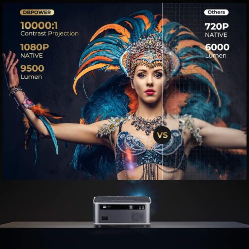  DBPOWER Native 1080P WiFi Projector, Upgrade 9500L Full HD Outdoor Movie Projector, Support 4D Keystone Correction, Zoom, PPT, 300 Portable Mini Video Projector Compatible w/Phone/