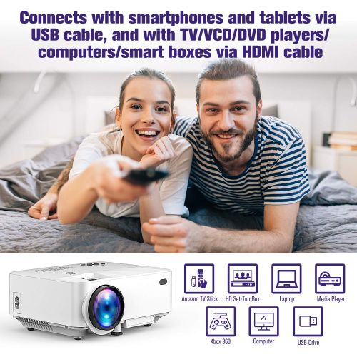  Mini Projector, DBPOWER 2400Lux Synchronizing Smartphone Screen Portable Movie Projector, Video Projector for Home Theater, 1080P/HDMI/VGA/USB/TV Box/Laptop/DVD/External Speaker Su