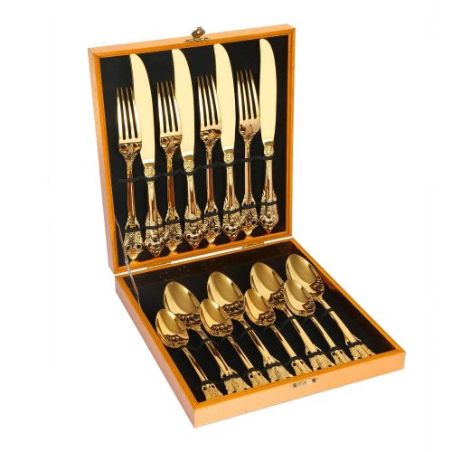  DCBRAA 16-Piece Gold Flatware Silverware Set,18/10 Heavy Duty Stainless Steel Flatware Service for 4,Cutlery Include Knife/Fork/Spoon/Coffee Spoon,Mirror Polished, Dishwasher Safety