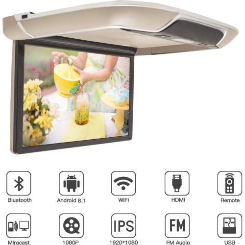  DDAUTO Android 6.0 IPS Car Roof Mount MP5 Player 13 inch Flip Down Multimedia Monitor, FM, HDMI, Bluetooth, USB, SD Card Ambient Lighting Design (Smart 4K) Beige