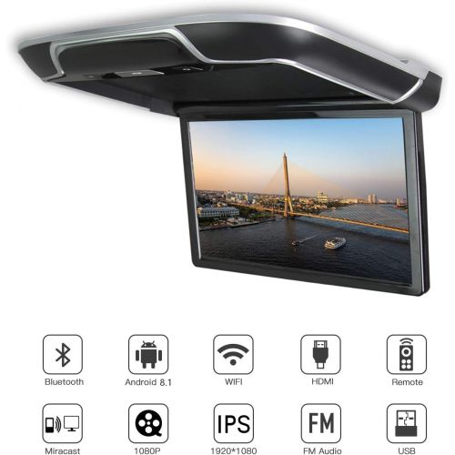  DDAUTO Android 6.0 IPS Car Roof Mount MP5 Player 13 inch Flip Down Multimedia Monitor, FM, HDMI, Bluetooth, USB, SD Card Ambient Lighting Design (Smart 4K) Beige