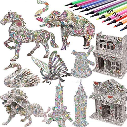  DDMY 3D Coloring Painting Puzzles Set DIY Arts and Crafts for Girls & Boys-Perfect Creativity Kit & Ideal Kids and Adults Gifts! -STEM Educational Assembly Toys (10pack): Toys & Ga