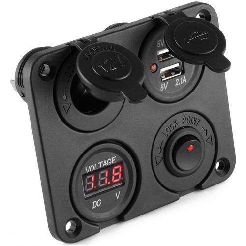  [아마존베스트]DEALPEAK DC 12V-24V Car Cigarette Lighter Socket, Dual USB Charger LED Voltmeter ON-OFF Toggle Switch, 4 in 1 Multifunction Switch Panel for Boat Marine RV Truck (with Terminals an