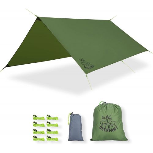  DEERFAMY 10x10ft Camping Tarp Waterproof, Rain Fly Tent Tarp with Aluminum Stakes, Large but Lightweight Rain Shelter Sun Shade, Square Footprint, Green