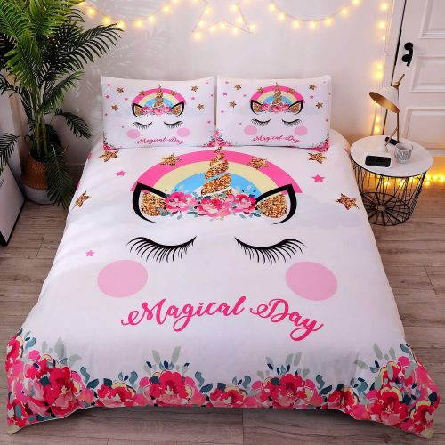  [아마존베스트]DEERHOME Cute Flower Unicorn Kids Bedding White Pink Golden Ears Unicorn 3 Pieces Bedding Duvet Cover Sets Gifts for Teens and Girls,Twin Size