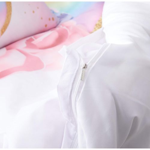  [아마존베스트]DEERHOME Unicorn Bedding 3 Piece Flower Girl Duvet Cover Set Cartoon Unicorn Bedspreads Cute Duvet Covers for Teens,Boys and Girls,Twin Size