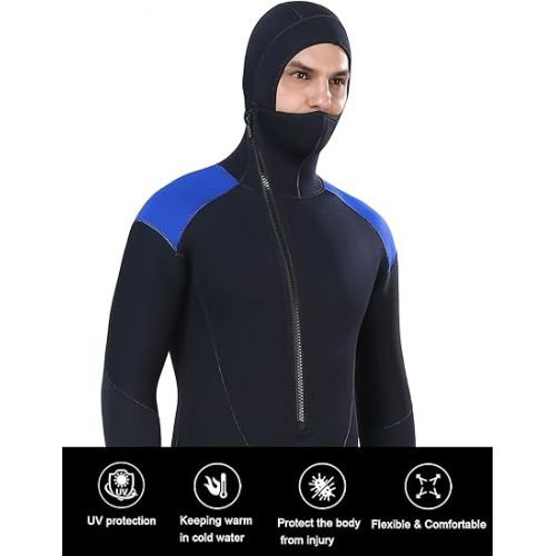  DEHAI 5mm Wetsuit Mens Neoprene Diving Wet Suits with Hoodie Long Sleeve Front Zipper Full Body Thermal Swimsuit in Cold Water Keep Warm for Swimming Scuba Surfing