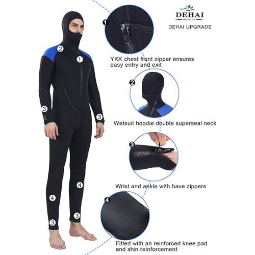  DEHAI 5mm Wetsuit Mens Neoprene Diving Wet Suits with Hoodie Long Sleeve Front Zipper Full Body Thermal Swimsuit in Cold Water Keep Warm for Swimming Scuba Surfing
