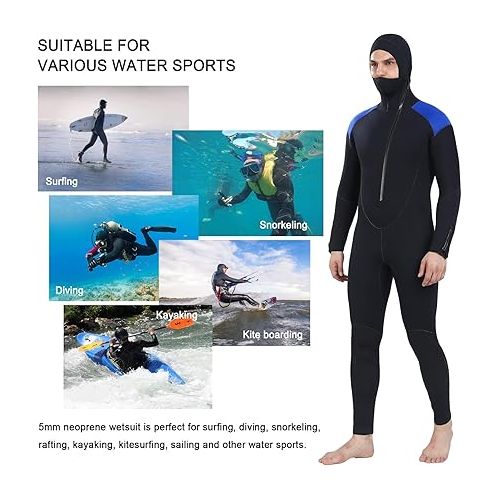  DEHAI 5mm Wetsuit Mens Neoprene Diving Wet Suits with Hoodie Long Sleeve Front Zipper Full Body Thermal Swimsuit in Cold Water Keep Warm for Swimming Scuba Surfing