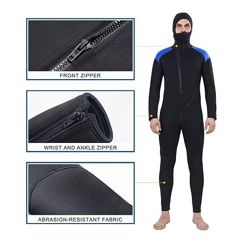  DEHAI 5mm Wetsuit Mens Neoprene Diving Wet Suits with Hoodie Long Sleeve Front Zipper Full Body Thermal Swimsuit in Cold Water Keep Warm for Swimming Scuba Surfing