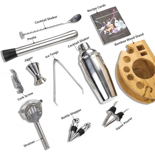  [아마존베스트]DEKINMAX 12-Piece Bartender kit with stand, Stainless Steel Cocktail Shaker set-Martini Shaker, Jigger, Strainer, Bar Mixer Spoon, Tongs, Bottle Opener,Liquor Pourer,Bottle stopper