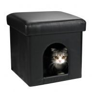 DEKINMAX Cat Ottoman, Small Dog Rabbit Condo Bed Cat Cube Pet House, 2 in 1 Collapsible PU Leather Footstool