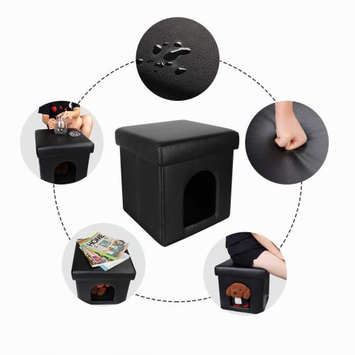  DEKINMAX Cat Ottoman, Small Dog Rabbit Condo Bed Cat Cube Pet House, 2 in 1 Collapsible PU Leather Footstool