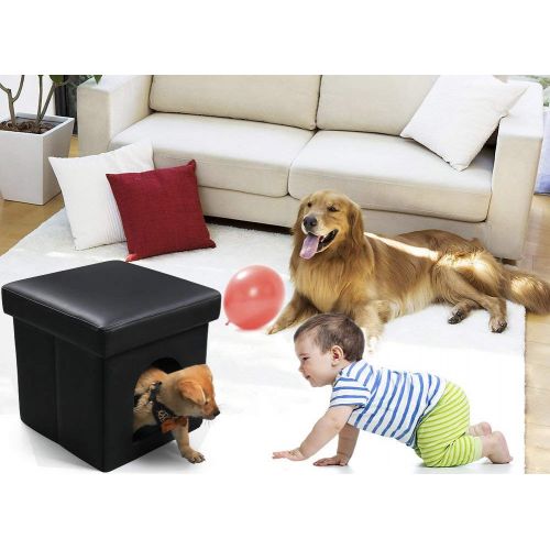  DEKINMAX Cat Ottoman, Small Dog Rabbit Condo Bed Cat Cube Pet House, 2 in 1 Collapsible PU Leather Footstool